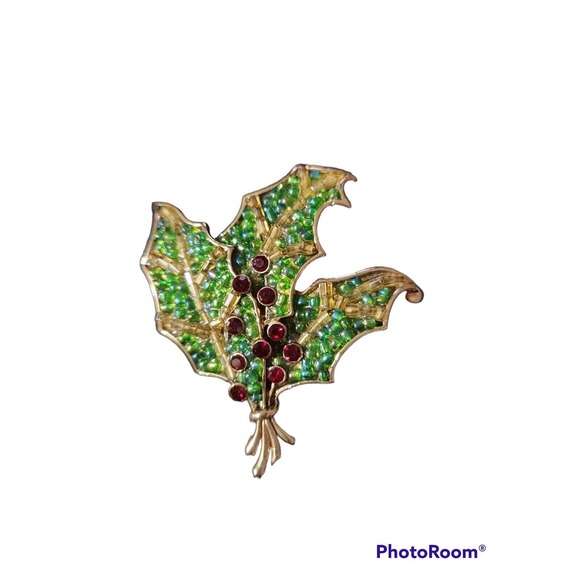 Christmas Holly Leaf & RED Berries Rhinestone Sign LC Large Pin BLING Beautiful - Picture 3 of 5